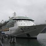 The Serenade of the Seas arrived in Juneau early Friday morning, seen here moored downtown. The Royal Caribbean cruise ship is the first large cruise ship to come to Juneau since the pandemic caused the cancellation of the 2020 cruise ship season and delayed the 2021 season. (Michael S. Lockett / Juneau Empire)
