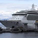 Royal Caribbeans Serenade of the Seas pulls into Icy Point Strait in Hoonah, on Thursday, July 22, 2021, the first large cruise ship to arrive in over a year. Delegates from the Hoonah Totem Corporation, Royal Caribbean and the City of Hoonah greeted guests as they came off the boat. (Peter Segall / Juneau Empire)