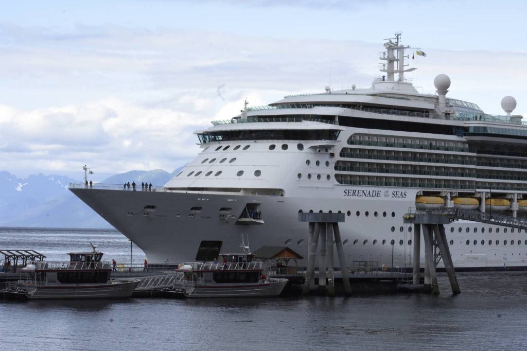 Royal Caribbeans Serenade of the Seas pulls into Icy Point Strait in Hoonah, on Thursday, July 22, 2021, the first large cruise ship to arrive in over a year. Delegates from the Hoonah Totem Corporation, Royal Caribbean and the City of Hoonah greeted guests as they came off the boat. (Peter Segall / Juneau Empire)