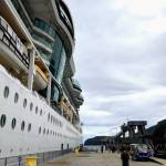 Peter Segall / Juneau Empire
Representatives from Icy Strait Point, Royal Caribbean, the City of Hoonah and Alaska Native dancers greeted the Serenade of the Seas as it arrived in Hoonah on Thursday, July 22, 2021. According to Tyler Hickman, senior vice president of Icy Strait Point, it had been 562 days since a cruise ship had arrived in Hoonah.