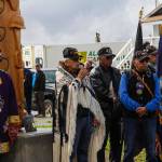 George Bennett Sr., a Vietnam veteran, speaks during a ceremony for the raising of a totem pole honoring veterans of the armed services in Hoonah on July 24, 2021. (Michael S. Lockett / Juneau Empire)