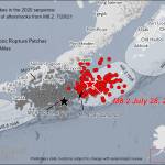 A graphic shared on the Alaska Earthquake Centers Twitter feed shows the aftershocks of the magnitude 8.2 quake off the coast of Perryville, Alaska in red on July 28, 2021. The gray dots show the areas affected by earthquakes in 2020. (Photo courtesty of the Alaska Earthquake Center Twitter.)