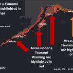 A graphic shared on the National Weather Service Anchorages Twitter feed shows the areas under tsunami warning after the magnitude 8.2 quake struck off the coast of Perryville, Alaska on July 28, 2021. (Photo courtesty of the National Weather Service Anchorage.)