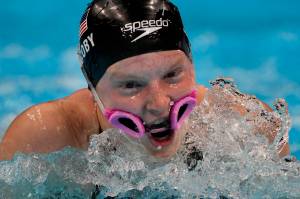 Lydia Jacoby, of United States, swims in a mixed 4x100-meter medley relay final at the 2020 Summer Olympics, Saturday, July 31, 2021, in Tokyo, Japan. (AP Photo/Gregory Bull)