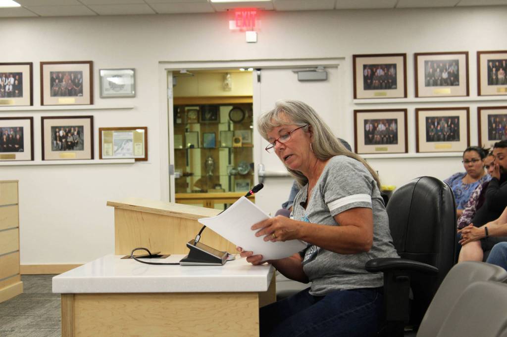 April Orth, who opposes universal masking in schools, testifies before the Kenai Peninsula Borough School District Board of Education on Monday, August 2, 2021 in Soldotna, Alaska. (Ashlyn O'Hara/Peninsula Clarion)