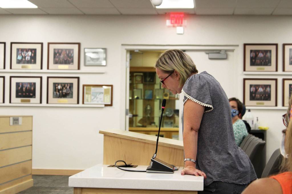 Parent Nicole Darwin testifies before the Kenai Peninsula Borough School District Board of Education on Monday, Aug. 2, 2021 in Soldotna, Alaska. Darwin testified in opposition to universal masking. (Ashlyn O'Hara/Peninsula Clarion)