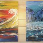 Two of Tracy Hansens more recent paintings, Waves of Emotion: Anxiety, left, and Waves of Emotion: Peace, right, are on display Tuesday, Aug. 11, 2021, at her shop, 59 North, in Homer, Alaska. (Photo by Michael Armstrong/Homer News)