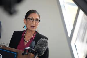Interior Secretary Deb Haaland, speaks during a news conference at the offices of Denver Water Thursday, July 22, 2021, in Denver. (AP Photo/David Zalubowski)