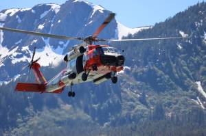 A Coast Guard aircrew aboard an MH-60 Jayhawk helicopter like the one in this June 19 photo, rescued two plane crash survivors 40 miles southeast of Ketchikan on Saturday, Aug. 7, 2021. (Ben Hohenstatt / Juneau Empire File)