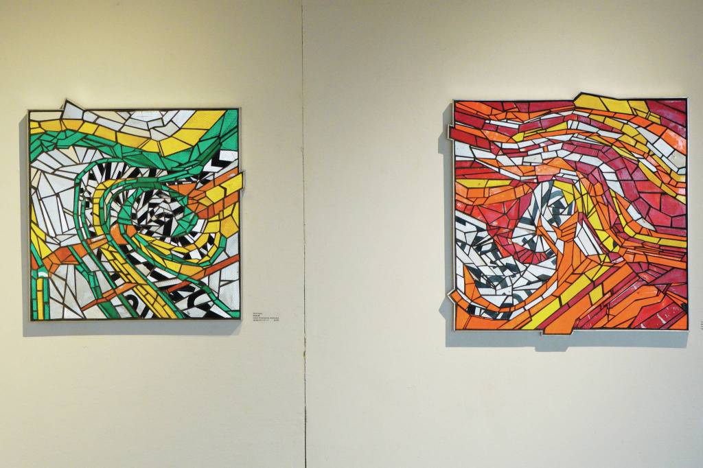 Sheila Wynes Strata #8, left, and Strata #9, right, are part of her show that opened Friday, Aug. 6, 2021, at Bunnell Street Arts Center. (Photo by Michael Armstrong/Homer News)