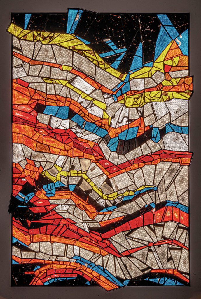 Photo by Michael Francisco Conti Sheila Wynes Strata #2 is shown here in retro reflection, or when the work is seen in the dark with reflected light.