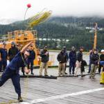 Petty Officer 1st Class Joseph Gauvain participates in the line toss, one of the inter-vessel competitions during this years Buoy Tender Roundup at Sector Juneau, on Wednesday, Aug. 25, 2021. (Michael S. Lockett / Juneau Empire)