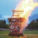 Reimagine, the 17th annual Burning Basket, catches fire in a field on Sunday, Sept. 13, 2020, near Homer. Artist Mavis Muller intended to broadcast live on Facebook and YouTube the burning of the basket, but because of technical difficulties that didnt happen. (Photo by Michael Armstrong/Homer News)