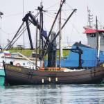The Russian three-masted wooden vessel Pilgrim is moored at the Homer Harbor on Thursday, Sept. 1, 2021, in Homer, Alaska. The project of twin brothers brothers Sergey and Alexander Sinelnik, Pilgrim is a wooden-boat reproduction of a 17th century Russian sailing ship and has been sailing around the world since its construction in 2015 and launch in 2017. It arrived in Homer last week after sailing up the Inside Passage from Ketchikan. For more information on the ship, visit ww.http://www.sinelniki.ru. (Photo by Michael Armstrong/Homer News)