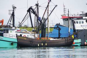 The Russian three-masted wooden vessel "Pilgrim" is moored at the Homer Harbor on Thursday, Sept. 1, 2021, in Homer, Alaska. The project of twin brothers brothers Sergey and Alexander Sinelnik, Pilgrim is a wooden-boat reproduction of a 17th century Russian sailing ship and has been sailing around the world since its construction in 2015 and launch in 2017. It arrived in Homer last week after sailing up the Inside Passage from Ketchikan. For more information on the ship, visit ww.http://www.sinelniki.ru. (Photo by Michael Armstrong/Homer News)