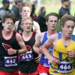 Kenais Gregory Fallon and Jack Laker try to gain position during the varsity boys race of the George Plumley Invitational on Saturday, Sept. 11, 2021, at Palmer High School. (Photo by Jeremiah Bartz/Frontiersman)