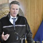 Gov. Mike Dunleavy, seen here at a Aug. 16, news conference, announced Thursday he was filing suit against the Biden administration for an Environmental Protection Agency decision to potentially protect Bristol Bay waters under the Clean Water Act. (Peter Segall / Juneau Empire file)