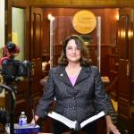 Sen. Lora Reinbold, R-Eagle River, holds a press in front of the doors to the Senate chambers on Thursday, March 4, 2021. Reinbold requested an excusal from the state Senate until mid-January, citing the challenges of traveling to Juneau from Anchorage after she was suspended from flying on Alaska Airlines earlier this year. (Peter Segall / Juneau Empire File)