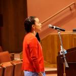 Winter Marshall-Allen speaks in support of mask mandates on Monday, Sept. 13, for the Kenai Peninsula School Board meeting at Homer High School in Homer, Alaska. (Photo by Michael Armstrong/Homer News)