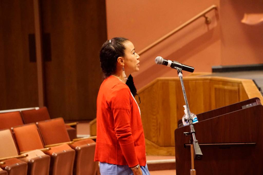 Winter Marshall-Allen speaks in support of mask mandates on Monday, Sept. 13, for the Kenai Peninsula School Board meeting at Homer High School in Homer, Alaska. (Photo by Michael Armstrong/Homer News)