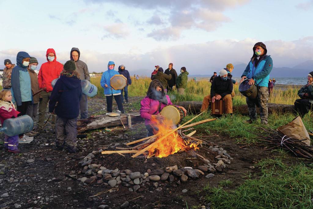 Drummers play before Recover, the 18th annual Burning Basket, is ignited on Sunday, Sept. 12, 2021, at Mariner Park on the Homer Spit in Homer, Alaska. (Photo by Michael Armstrong/Homer News)
