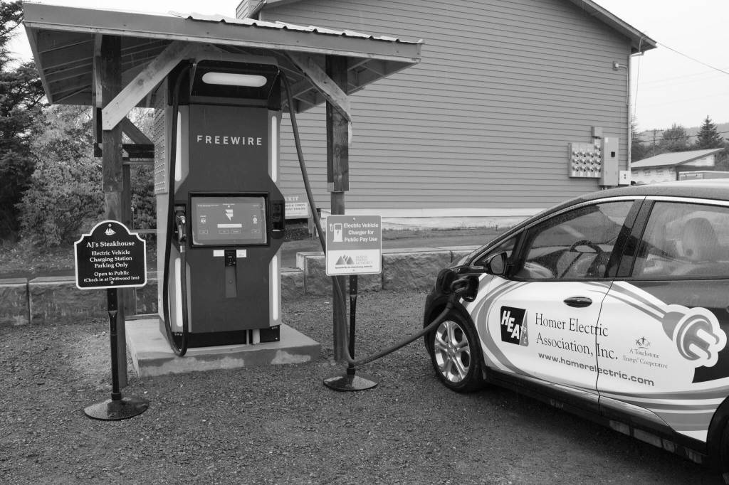 The very first FreeWire ultrafast Electric Vehicle charger in Alaska was installed at AJs Steakhouse last week. The charging station is the first of nine EV charging stations that will connect Homer to Fairbanks. (Photo by Sarah Knapp/Homer News)
