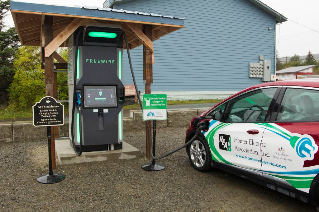 The very first FreeWire ultrafast Electric Vehicle charger in Alaska was installed at AJs Steakhouse last week. The charging station is the first of nine EV charging stations that will connect Homer to Fairbanks. (Photo by Sarah Knapp/Homer News)
