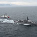 The U.S. Coast Guard Cutter Kimball and the Japanese Ship Kashima, a naval training vessel of the Japan Maritime Self-Defense Force, transit together during a maritime exercise near Dutch Harbor on Sept. 20, 2021. (Courtesy photo / USCG)