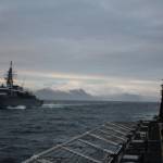 The Coast Guard Cutter Kimballs crew lines the rails in anticipation of rendering honors to the Japanese Ship Kashima, a naval training vessel of the Japan Maritime Self-Defense Force, during an at-sea exercise near Dutch Harbor on Sept. 20, 2021. (Courtesy photo / USCG)