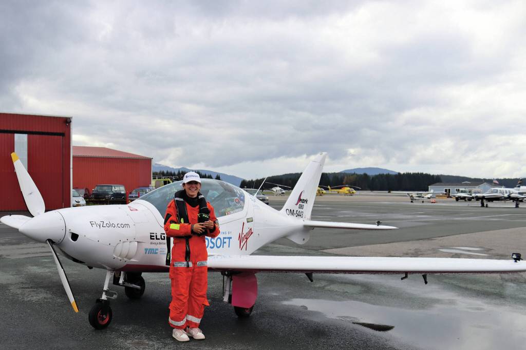 Ben Hohenstatt / Juneau Empire
Zara Rutherford stands outside her aircraft, a Shark UL, shortly after landing in Juneau. Uncertain weather and mechanical maintenance contributed to Rutherford spending additional time in Alaskas capital city.