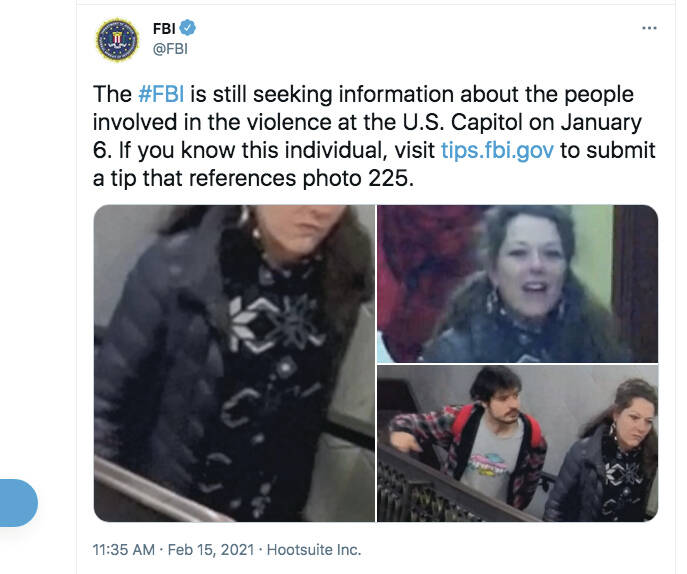 A screenshot from the FBIs Twitter page showing a photo the FBI said was taken on Jan. 6, 2021, inside the U.S. Capitol. Marilyn Hueper said FBI agents showed her some of these images and claimed it was her. The FBI on Friday, Oct. 1, 2021, arrested Maryann Mooney-Randon of Watertown, New York, saying that Mooney-Randon is subject #225. The FBI also arrested Mooney-Randons son, Rafael, shown with in the photo at lower right. (Screenshot)