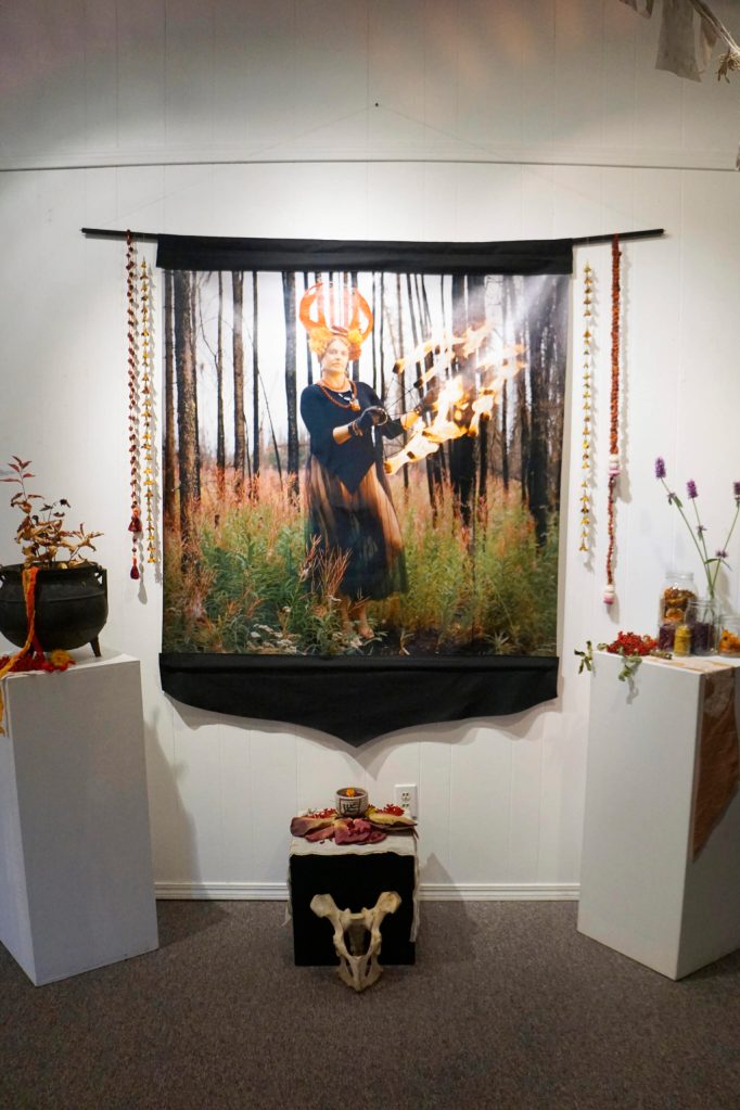 Carly Garays Fire is one of the works in her The Art of Ancestor Veneration, on display through Oct. 30, 2021, at the Homer Council on the Arts in Homer, Alaska. (Photo by Michael Armstrong/Homer News)