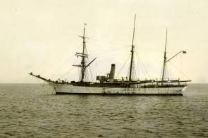 In this July 1908 photograph provided by the U.S. Coast Guard Historians Office, the U.S. Revenue Cutter Bear sits at anchor while on Bering Sea Patrol off Alaska. The wreckage of the storied vessel, that served in two World Wars and patrolled frigid Arctic waters for decades, has been found, the Coast Guard said Tuesday, Oct. 12, 2021. (U.S. Coast Guard Historians Office via AP)
