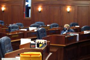 AP Photo / Becky Bohrer
Alaska state Rep. Laddie Shaw, an Anchorage Republican, waits for the start of a so-called technical session on the House floor, Wednesday, Oct. 20, 2021, in Juneau, Alaska. The fourth special legislative session of the year began Oct. 4, in Juneau, but there has been little action at the Capitol and little progress toward resolving Alaskas fiscal issues.