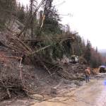 Debris is cleared on a section of the Sterling Highway on Monday, Nov. 1, 2021 near Cooper Landing, Alaska. A landslide on Sunday morning blocked both lanes of the highway, which had partially reopened Monday. (Camille Botello/Peninsula Clarion)