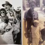 Leroy Keene (left) is welcomed home from Desert Storm by his wife and daughter in 1990. Gary Squires (right) kneels next to a young Vietnamese girl he helped rescue and the doctor who bandaged her wounds.