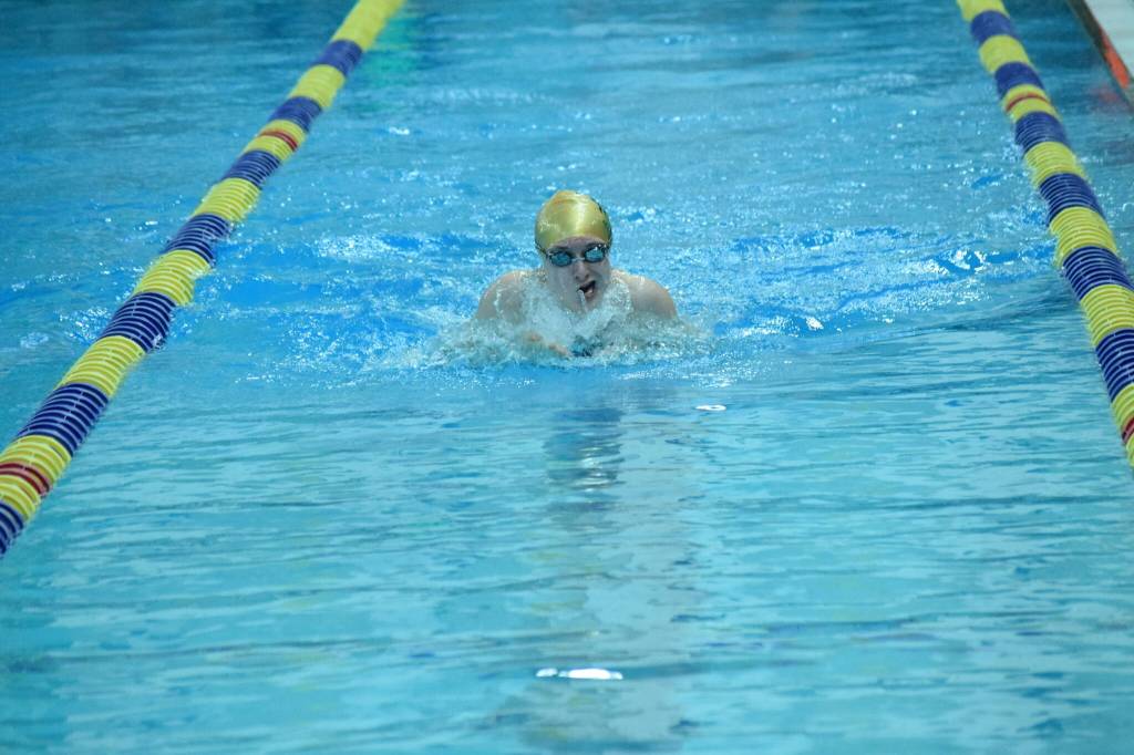 Sewards Mia Nappi competes in the state swimming finals at Bartlett High School in Anchorage on Saturday, Nov. 6, 2021. (Camille Botello/Peninsula Clarion)