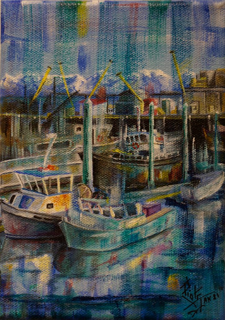 Jozef Pawlikowskis Homer Harbor is one of the works showing in the Homer Council on the Arts Fun wtih 5x7 show through Dec. 22, 2021, at the gallery in Homer, Alaska. (Photo by Michael Armstrong/Homer News)