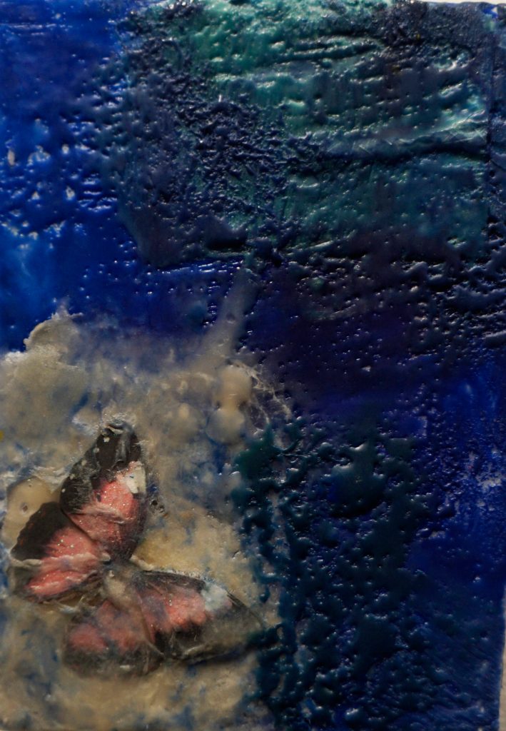 Isaiah Jane Kincaids Butterfly Blues is one of the work showing in the Homer Council on the Arts Fun wtih 5x7 show through Dec. 22, 2021, at the gallery in Homer, Alaska. (Photo by Michael Armstrong/Homer News)