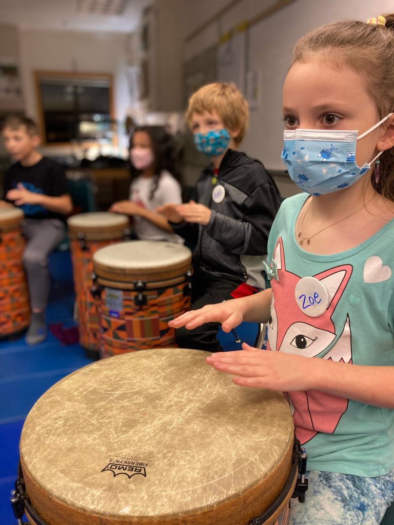 Students drum in a class taught by Eddie Wood at West Homer Elementary School in early November. (Photo courtesy of West Homer Elementary School)