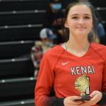 Kenais Andie Galloway wins the outstanding server award at the end of the 3A state volleyball championships at the Alaska Airlines Center in Anchorage on Saturday, Nov. 13, 2021. (Camille Botello/Peninsula Clarion)
