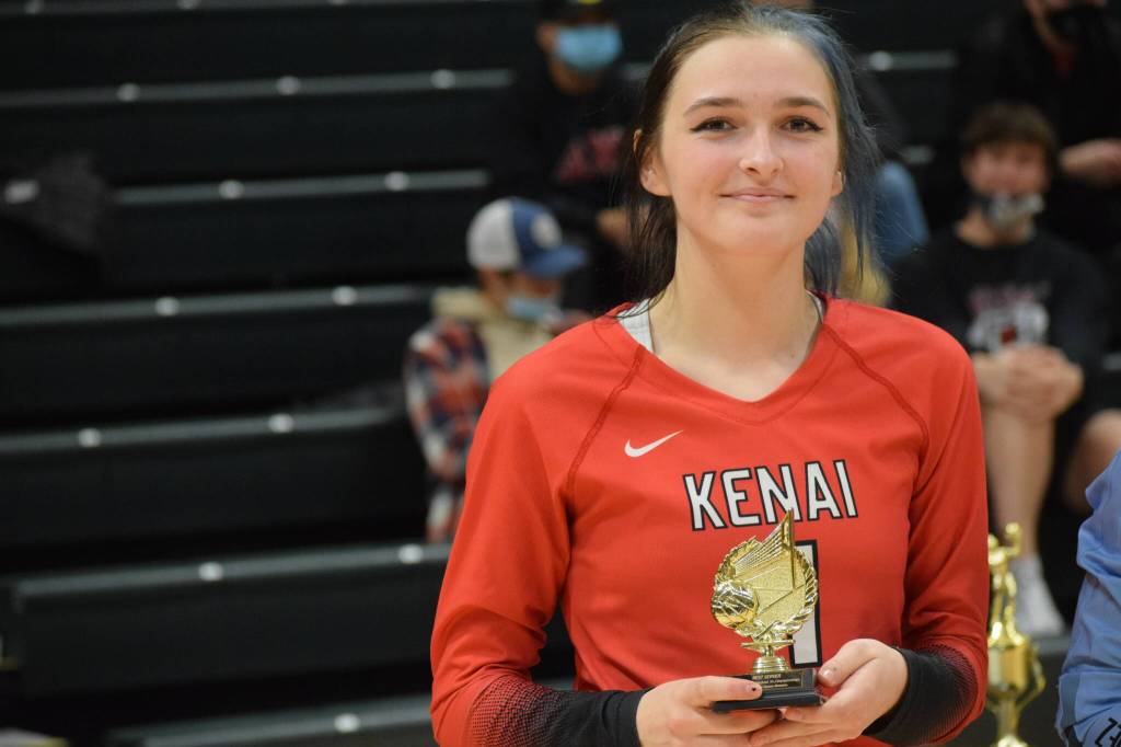 Kenais Andie Galloway wins the outstanding server award at the end of the 3A state volleyball championships at the Alaska Airlines Center in Anchorage on Saturday, Nov. 13, 2021. (Camille Botello/Peninsula Clarion)