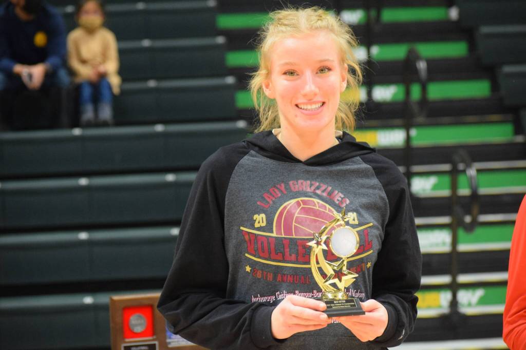 Homers Gracie Gummer wins the outstanding hitter award at the end of the 3A state volleyball championships at the Alaska Airlines Center in Anchorage on Saturday, Nov. 13, 2021. (Camille Botello/Peninsula Clarion)