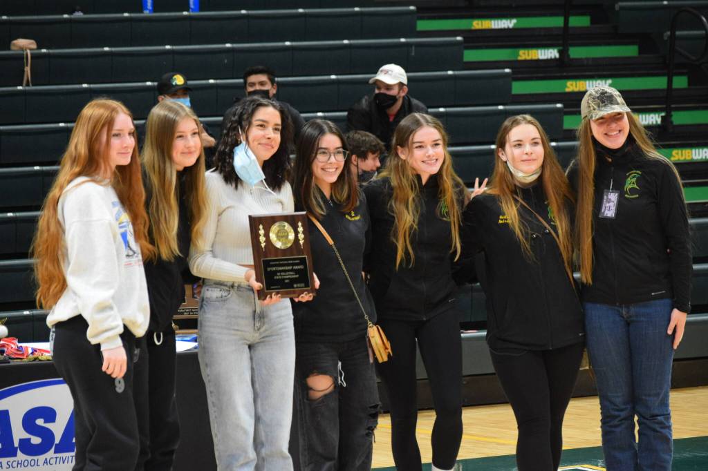 The Seward Seahawks win the sportsmanship award at the end of the 3A state volleyball championships at the Alaska Airlines Center in Anchorage on Saturday, Nov. 13, 2021. (Camille Botello/Peninsula Clarion)