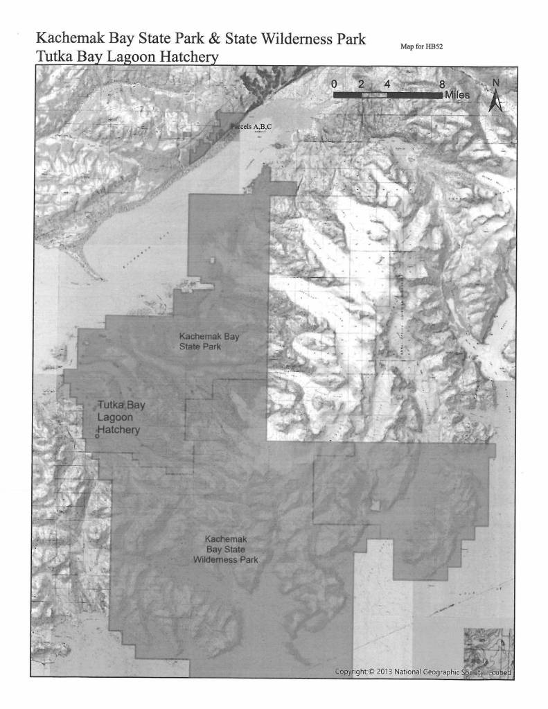 Map courtesy of Alaska State Parks 
A map of Kachemak Bay State Park shows proposed land additions A, B and C in House Bill 52 and the Tutka Bay Lagoon Hatchery.