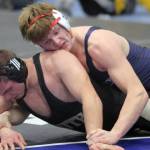 (Photo by Jeremiah Bartz/Frontiersman)
Soldotna junior Liam Babitt holds a grip on South Anchorages Britten Hamilton during the 215-pound final of the Lancer Smith Fall Varsity 2021 Invite on Saturday at the Menard Arena in Wasilla.