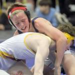 (Photo by Jeremiah Bartz/Frontiersman)
Soldotna freshman Jacob Strausbaugh works to try to turn Lathrops Ian Werner during the 103-pound final of the Lancer Smith Fall 2021 Varsity Invite on Saturday at the Menard Arena in Wasilla.