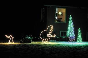 A scene of the Grinch who stole Christmas lights up the yard of a home along Bear Creek Drive on Friday, Dec. 18, 2020 in Kachemak City, Alaska. In place of the annual garden of lights, Bear Creek Winery hosted a driving tour of holiday lights with Bear Creek Drive neighbors this year. (Photo by Megan Pacer/Homer News)