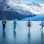 Petit Nutcracker Ballet dancers Liam James, Aiyana Cline, Ireland Styvar and Kathy Brennan pose on Nov. 12, 2020, on the ice of Grewingk Glacier lake near Homer, Alaska. (Photo by Bjørn Olson)