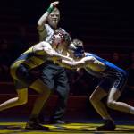 Homers Alex Van Meter and Soldotnas Blaze Michael tangle at 125 pounds Tuesday, Nov. 23, 2021, at Homer High School. Michael won by pin. (Photo by Sarah Knapp/Homer News)
